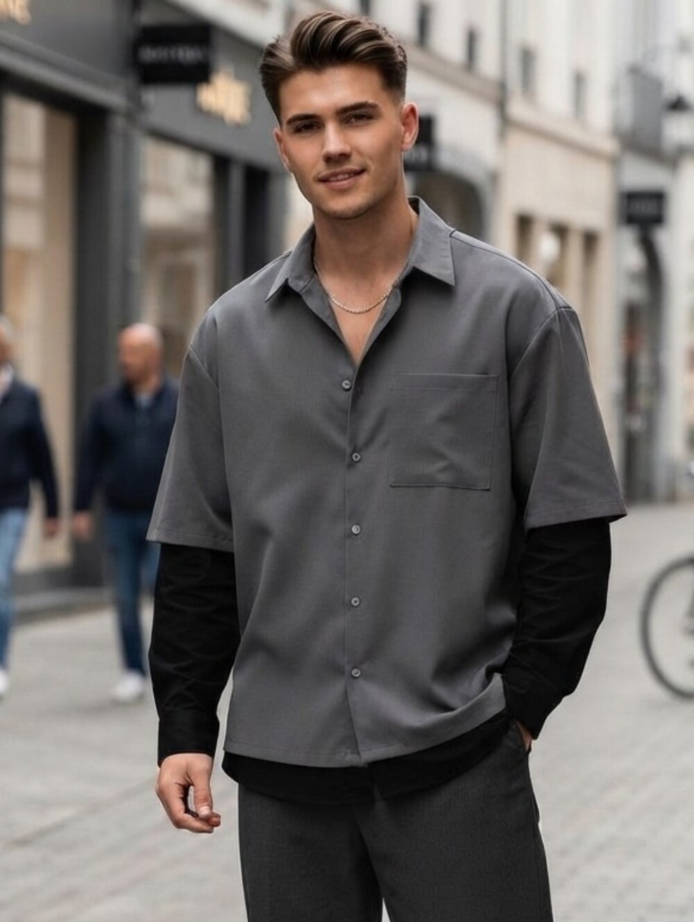 Zara Shirt Mens Small Gray Button Down With Black Long Sleeve
